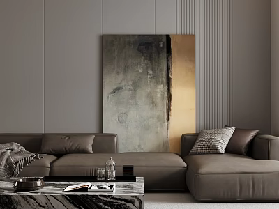 Modern Living Dining Room Interior Design With Gray Walls Sofa Artwork Coffee Table And Pillows 3d model