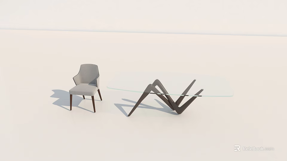 Light Gray Chair And Glass Top Table With Black Metal Legs In Modern Minimalist Design 3d model 