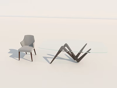 Light Gray Chair And Glass Top Table With Black Metal Legs In Modern Minimalist Design 3d model