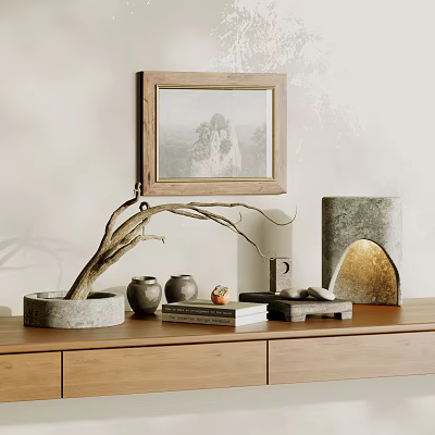 Natural Decorative Ornament Set With Tree Branch Stone Base Ceramic Jars Wooden Frame And Books 3d model