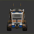 Futuristic Sci Fi Vehicle With Orange Gray Accents Top Antennas Round Windows And Unique Wheels