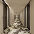 Long Hotel Guest Room Corridor With Patterned Carpet Light-Colored Walls And Recessed Lighting