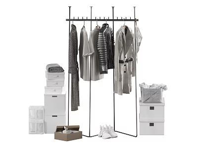 Organized Clothes Display With Hanging Garments Folded Clothes Storage Boxes And Shoes 3d model