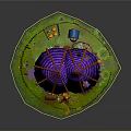 Halloween Cottage With Purple Roof Orange Pumpkins Spider Webs Fence And Grass