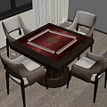 Square Table With Red White Pattern Golden Center Decor And Four Chairs On Wooden Floor