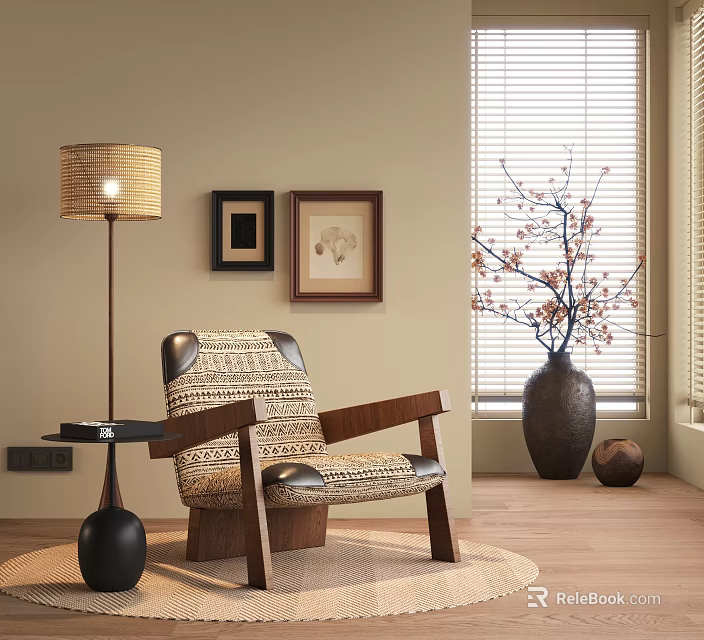 Comfortable Accent Chair With Floor Lamp Side Table Framed Art and Vase on Wooden Floor 3d model 
