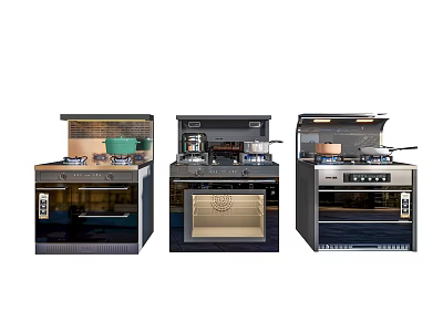 Modern Kitchen Appliances With Three Different Cooktop Oven Storage Designs 3d model