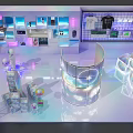 Modern Exhibition Booth With Transparent Cylinder Lighting Digital Screens And Display Elements 3d model