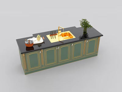 Modern Bar Counter Design With Green Cabinets Black Top And Decorative Plant Bowl 3d model