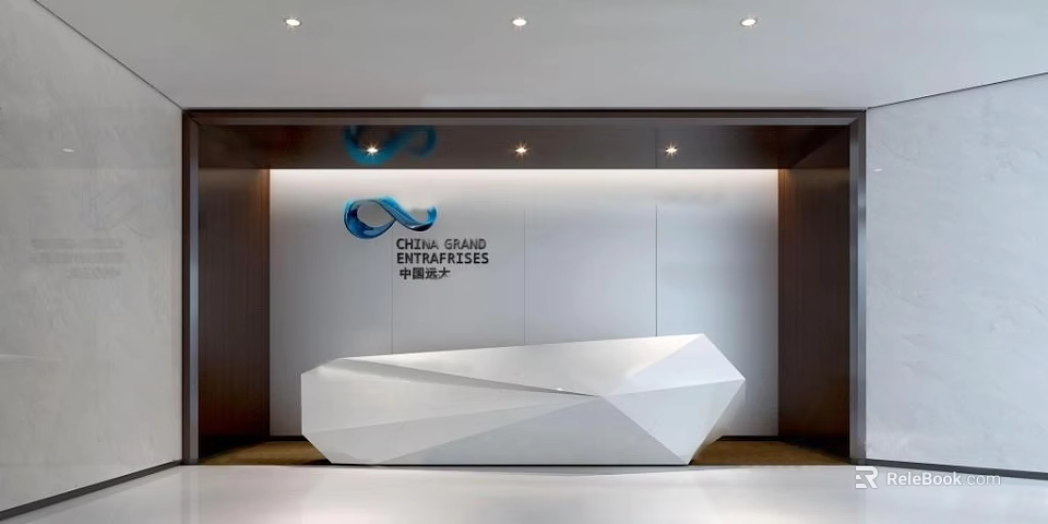Modern Geometric White Reception Desk in Company Lobby with China Communications Construction Logo 3d model 