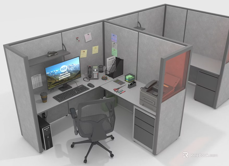 Organized Office Desk in Cubicle with Computer Keyboard Lamp Coffee Cup and Printer 3d model 