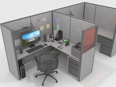 Organized Office Desk in Cubicle with Computer Keyboard Lamp Coffee Cup and Printer 3d model