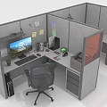 Organized Office Desk in Cubicle with Computer Keyboard Lamp Coffee Cup and Printer