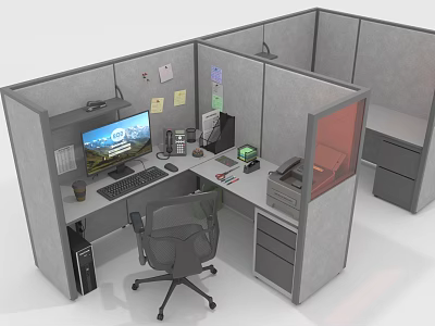 Organized Office Desk in Cubicle with Computer Keyboard Lamp Coffee Cup and Printer 3d model