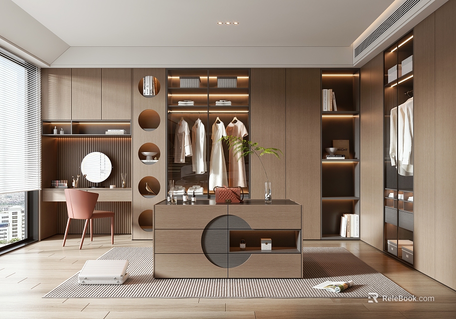 Modern Walk-in Closet Interior Design With Wooden Cabinets Hanging Clothes Open Shelves And Dressing Mirror 3d model 