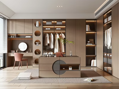 Modern Walk-in Closet Interior Design With Wooden Cabinets Hanging Clothes Open Shelves And Dressing Mirror 3d model