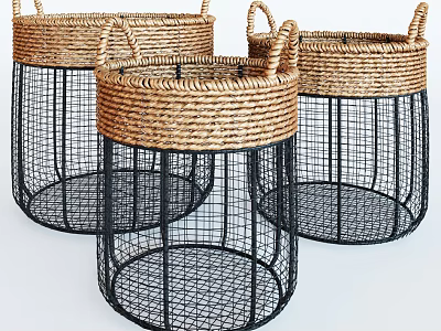 Woven Top and Black Metal Wire Storage Baskets with Handles for Home Organization 3d model