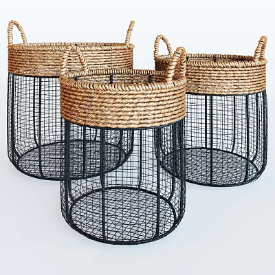 Woven Top and Black Metal Wire Storage Baskets with Handles for Home Organization 3d model