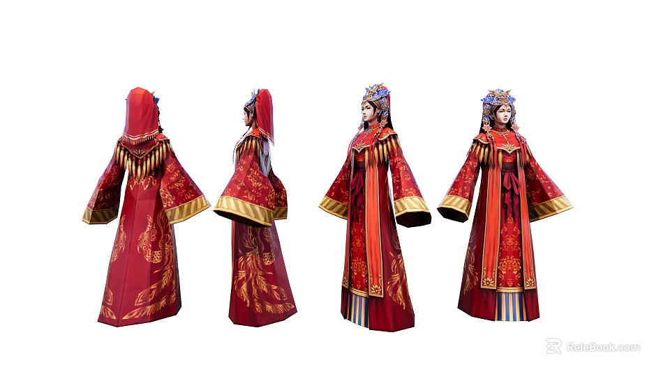 Game Movie Character Red Gold Traditional Robe Elegant Ornate Embroidery Headdress Design Multiple Angles View 3d model 