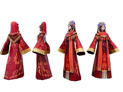 Game Movie Character Red Gold Traditional Robe Elegant Ornate Embroidery Headdress Design Multiple Angles View 3d model