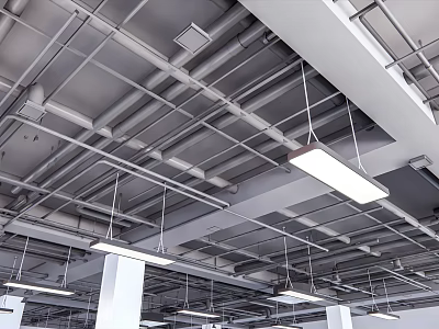 Industrial Ceiling Design With Exposed Metal Beams And Suspended Lighting Fixtures 3d model