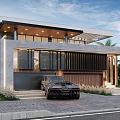 Elegant Modern Detached Villa Exterior With Glass Windows Wooden Garage And Palm Trees
