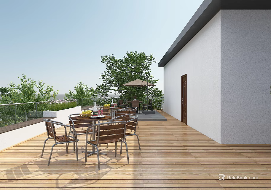 Relaxing Outdoor Wooden Deck With Patio Table Chairs Building Trees And Umbrella 3d model 