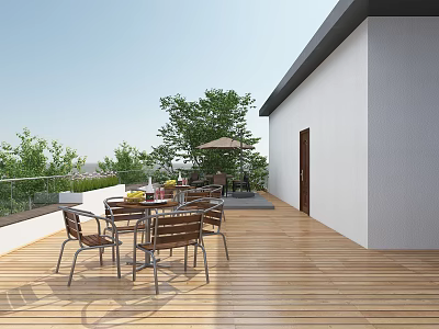 Relaxing Outdoor Wooden Deck With Patio Table Chairs Building Trees And Umbrella 3d model
