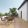 Relaxing Outdoor Wooden Deck With Patio Table Chairs Building Trees And Umbrella