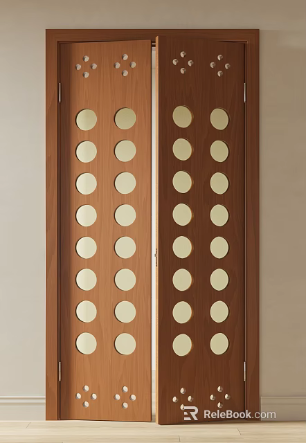 Wooden Double Doors With Multiple Circular Cutouts For Interior Decoration 3d model