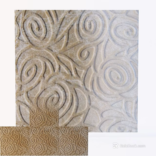 Beige Textured Wall Design With Swirl Patterns And Rose Decorative Details 3d model 