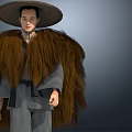 A Man With Large Straw Hat Brown Furry Shawl Gray Clothing And Two Different Angles