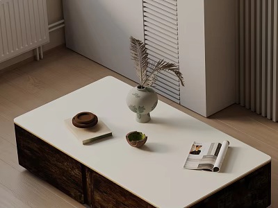 Modern Living Room Sofa And Coffee Table Set With Decorative Vase Magazines And Plants 3d model