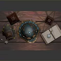 Vintage Wooden Table with Decorative Lanterns Blue Hat Books Open Book and Magnifying Glass