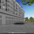 Modern Residential Entrance Gate with Surrounding Apartment Buildings Pedestrians and Green Trees
