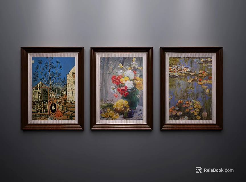 Framed Oil Paintings With Building Tree Flower Bouquet Vase Water Lilies Hung On Wall 3d model 
