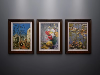 Framed Oil Paintings With Building Tree Flower Bouquet Vase Water Lilies Hung On Wall 3d model