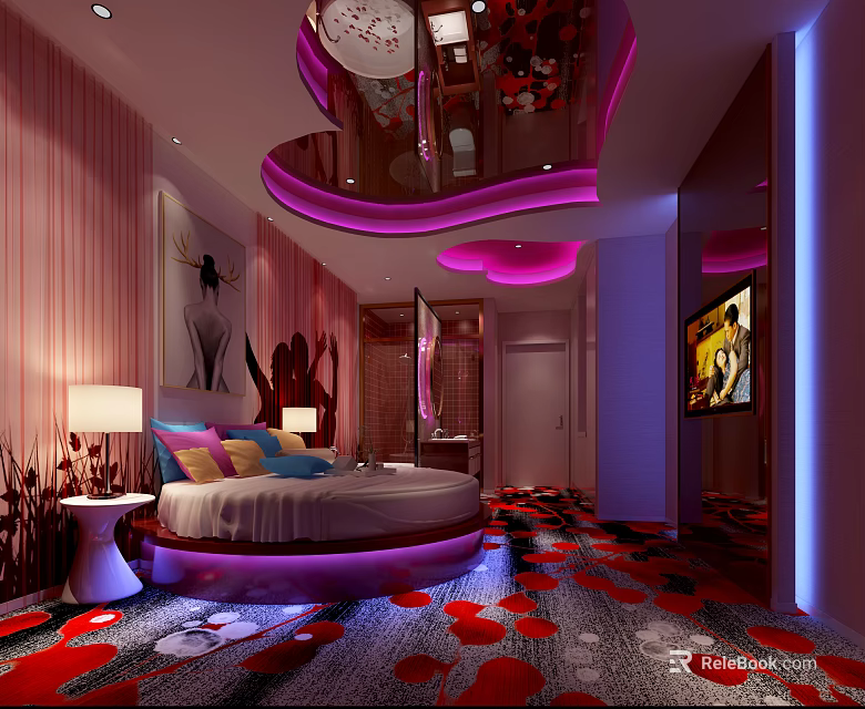 Modern Hotel Room Interior With Round Bed Pink Purple Lighting And Red Patterned Carpet 3d model 