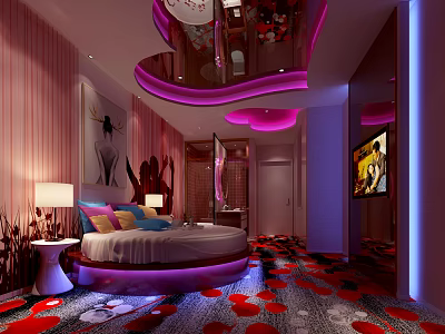 Modern Hotel Room Interior With Round Bed Pink Purple Lighting And Red Patterned Carpet 3d model
