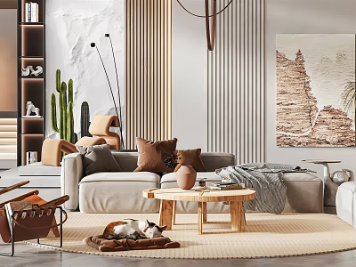 Modern Living Dining Room Interior With Sofa Coffee Table Area Rug Decorative Painting 3d model