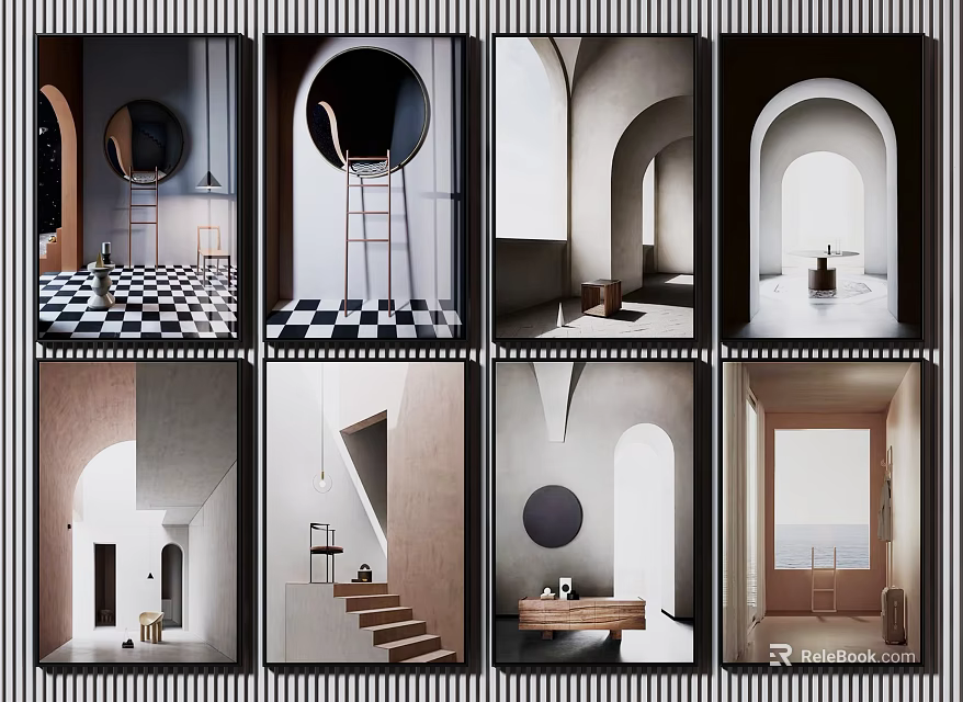 Modern Minimalist Interior Design With Arches Geometric Elements And Checkered Floors 3d model