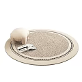 Round Beige Linen Textured Carpet With Black Trim Edge White Decorative Sphere And Magazine