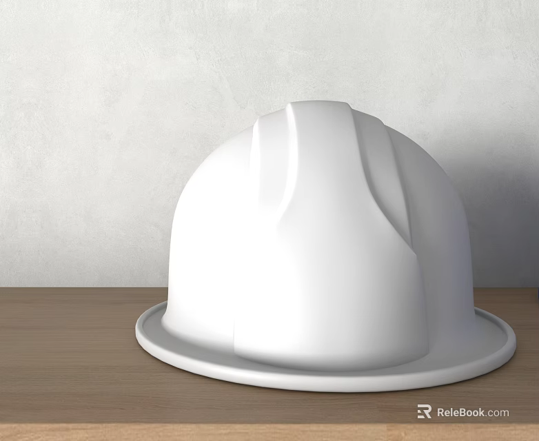 White Hard Hat Placed On Wooden Table Against Light Colored Wall 3d model