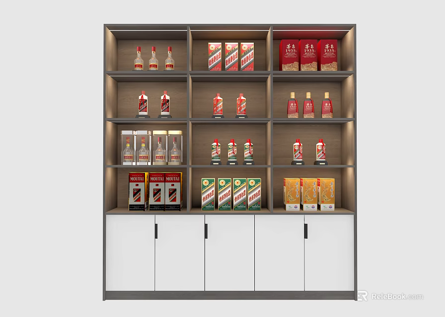 Modern Wine Cabinet With Multiple Shelves Displaying Wine Bottles And Boxes 3d model