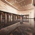 Luxurious Modern Hotel Lobby Interior With Ornate Ceiling Wavy Wall Panel And Polished Marble Flooring
