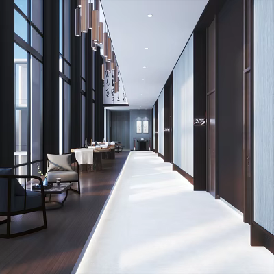 Modern Hotel Corridor Interior With Chandeliers Seating Area And Wooden Floors 3d model