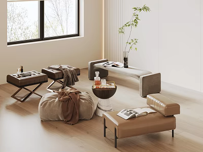 Modern Sofa Stools In Minimalist Living Room With Leather Fabric Wooden Legs Plants And Magazines 3d model