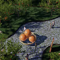 Rural Country Landscape with Orchard Trees Stone Path Walking People Small Animals and Decorative Oranges