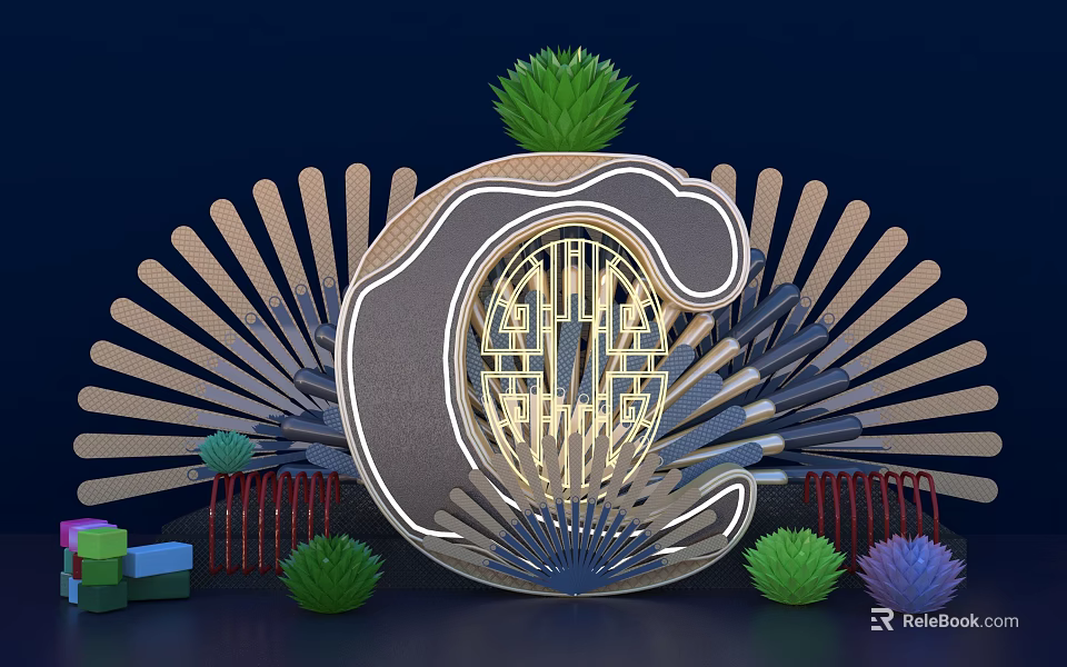 Ornamental C Shaped Decorative Design With Chinese Lattice Pattern Fan Shaped Decorations And Green Plants 3d model 