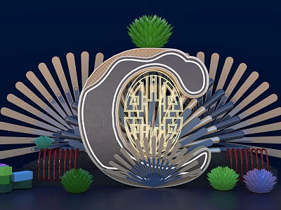 Ornamental C Shaped Decorative Design With Chinese Lattice Pattern Fan Shaped Decorations And Green Plants 3d model